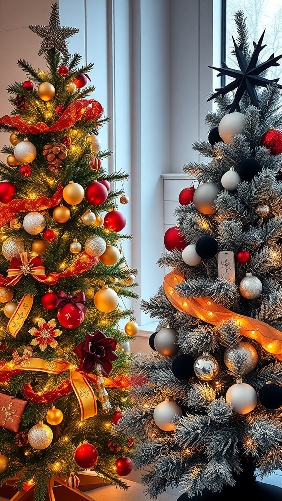 A split image of a traditional and modern Christmas tree, showcasing warm and cozy versus sleek and contemporary holiday decor.